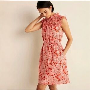 Boden Orange White Sleeveless Smock Floral Ruffle Dress Cotton Size 8 Boho